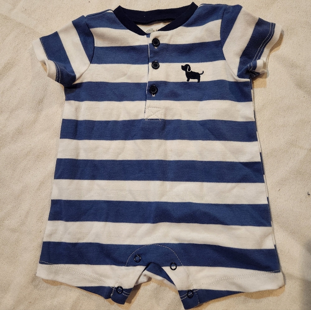 Little Me Baby Boy Striped Henley Romper Puppy Dog Blue White 3M